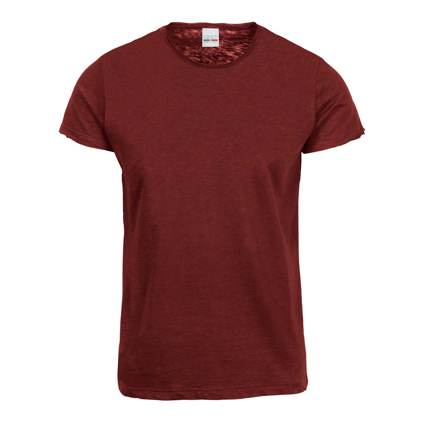 Round Neck Short Sleeve Raw Cut Slub Sweater - BX - Bordeaux