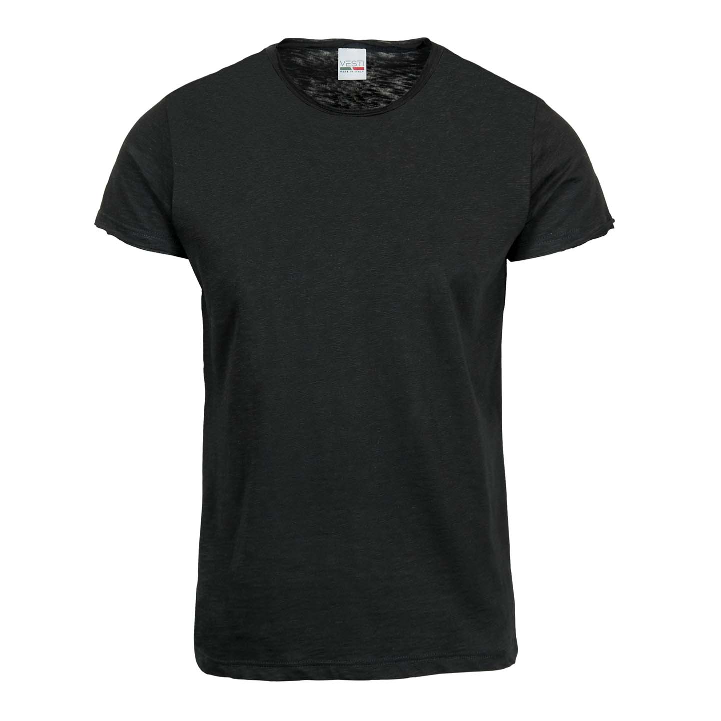 Round Neck Short Sleeve Raw Cut Slub Sweater - 12 - Black