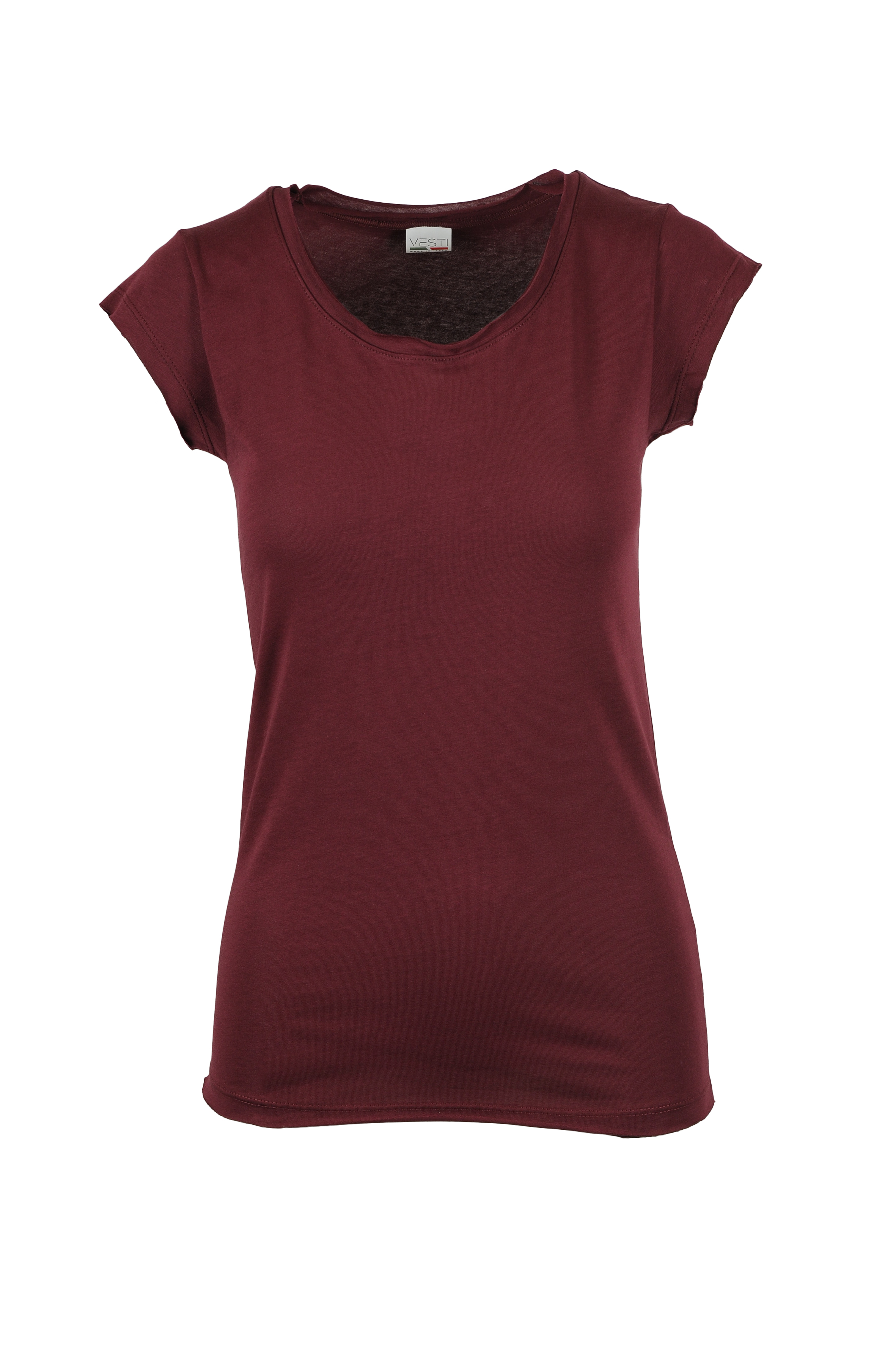 Women's Round Neck Short Sleeve Raw Cut Sweater - BX - Bordeaux