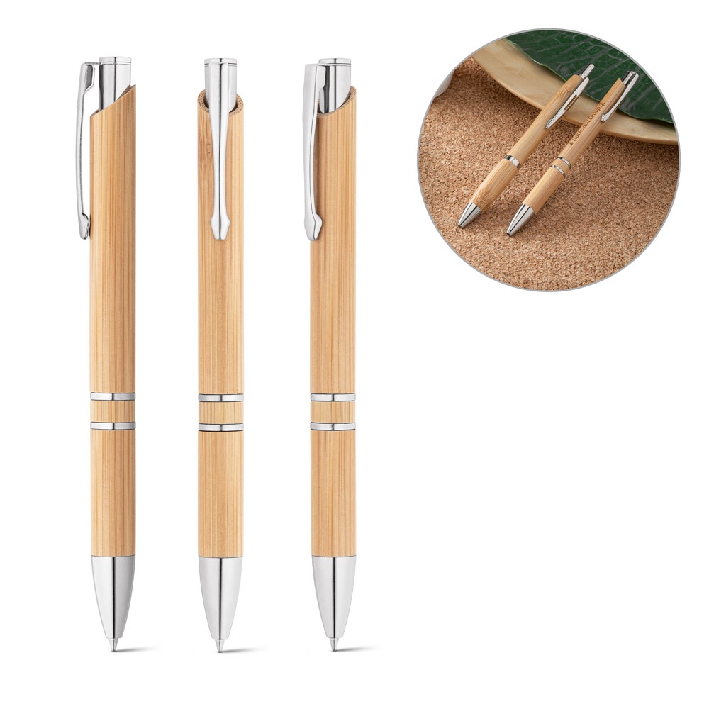 BETA BAMBOO. Bamboo ballpoint pen with metal clip and details.