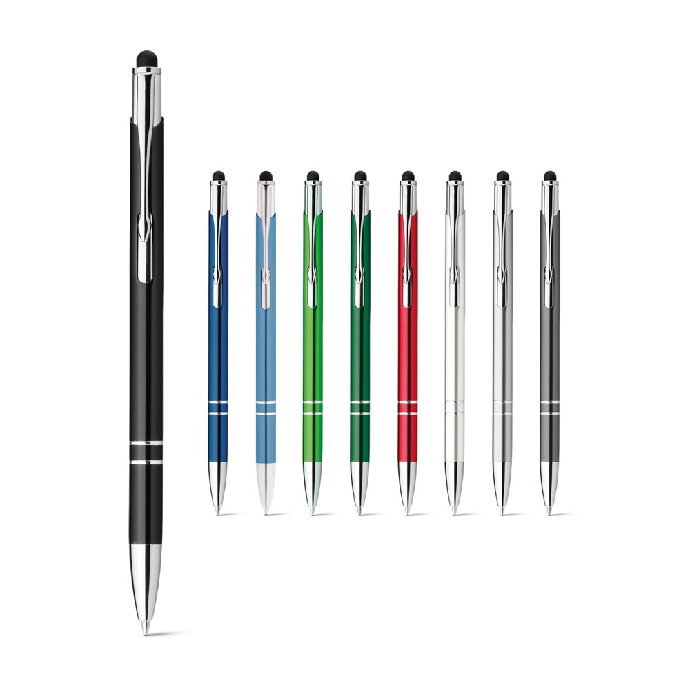 GALBA. Aluminum ballpoint pen with touch tip and clip.