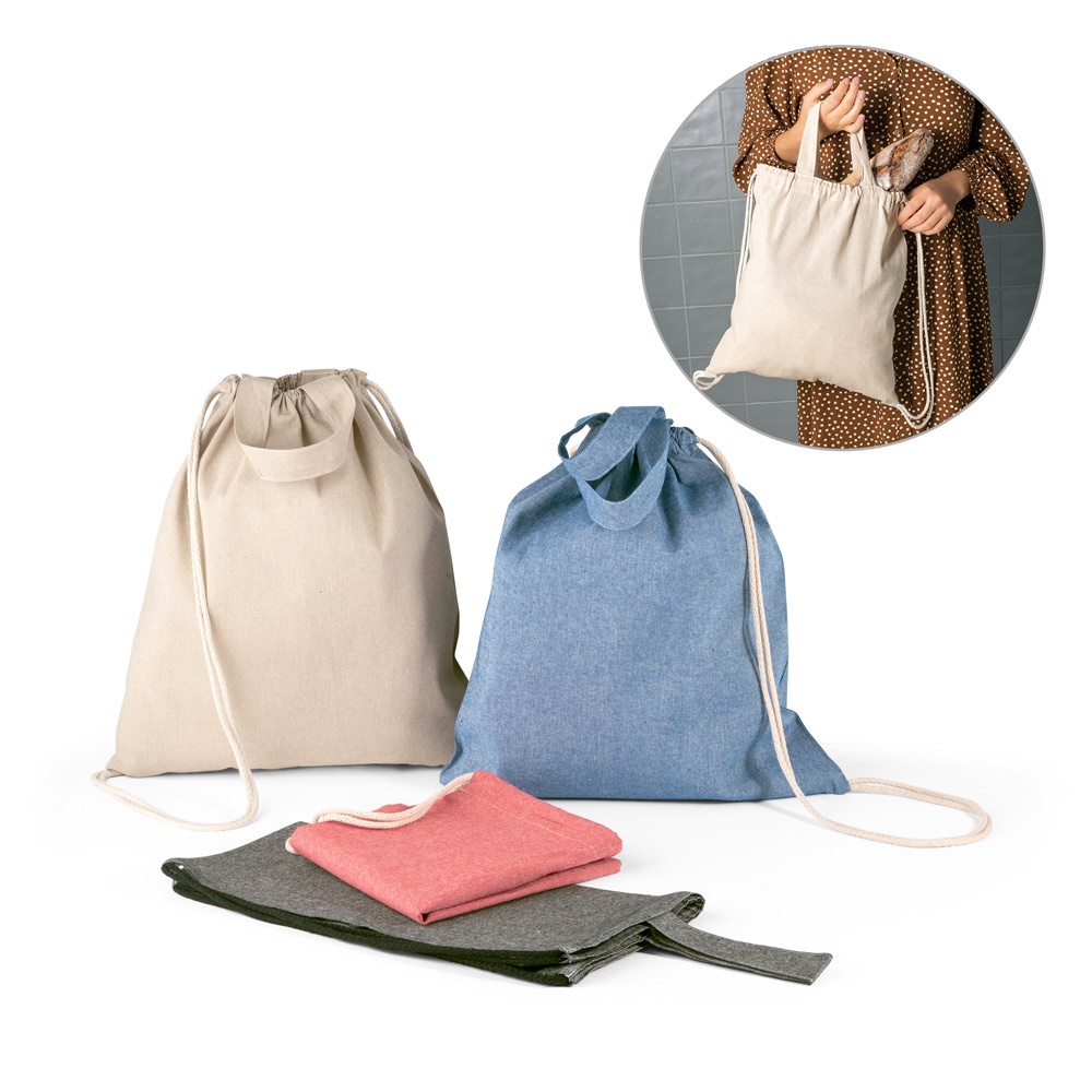 RISSANI. Rugzak met trekkoord, gemaakt van 70% gerecycled katoen en 30% rPET-polyester (140 g/m²).