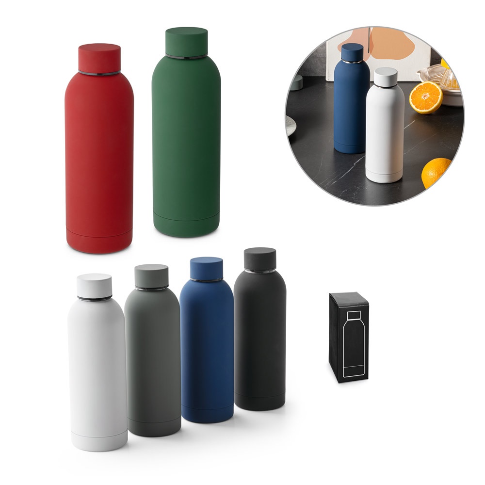 ODIN. Roestvrijstalen waterfles (36% gerecycled) met rubberen afwerking, 550 ml