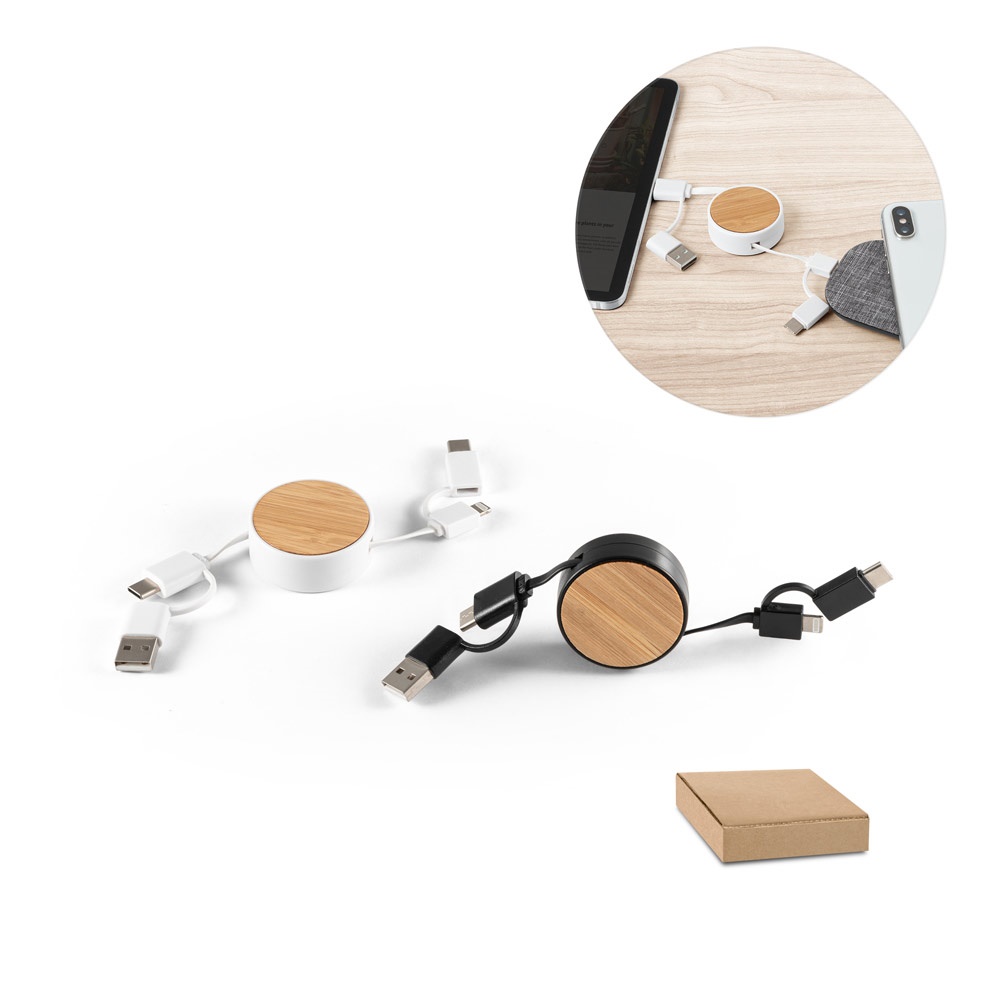 RUBINS. 6-in-1 intrekbare USB-kabel gemaakt van gerecycled ABS (100% rABS) en bamboe.