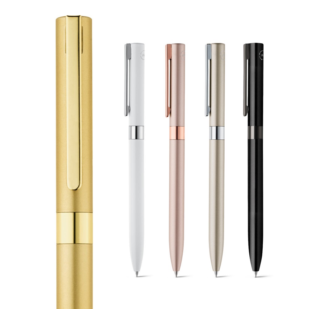 CLARE. Recycled aluminum ballpoint pen (100% rAL) with twist mechanism and clip.