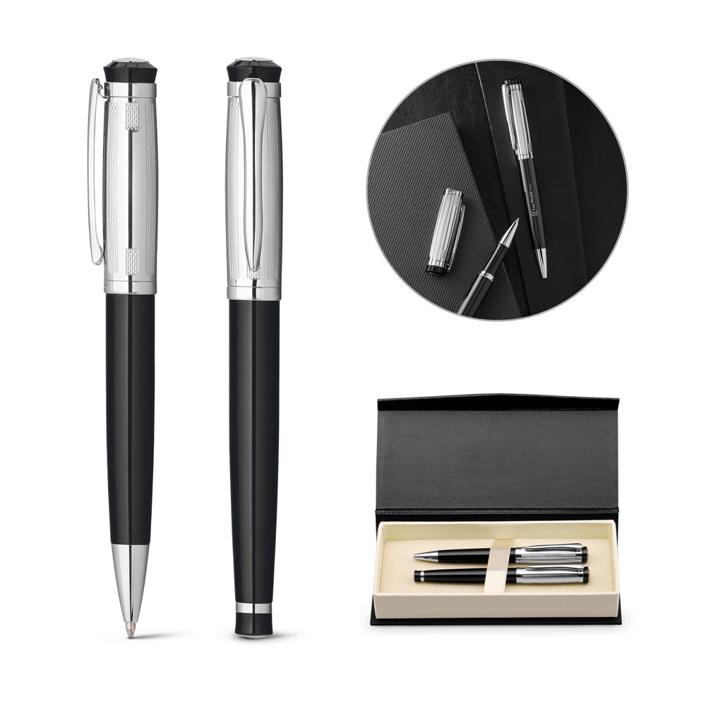 ORLANDO. Metal ballpoint and rollerball pen set with clip.
