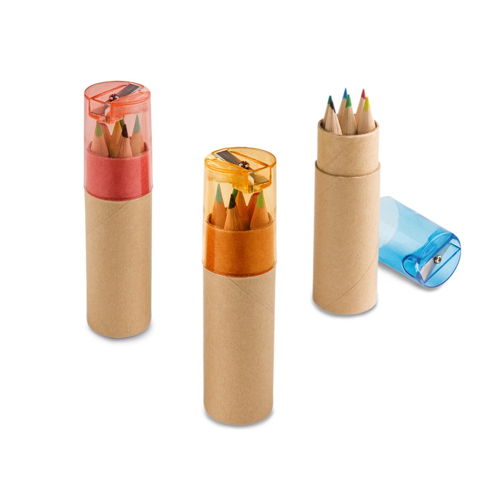 ROLS. Set van 6 kleurpotloden met puntenslijper in een cilindervormige verpakking.