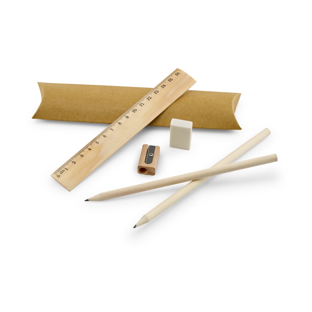 RHOMBUS. School writing set: ruler, pencils, eraser, and sharpener.