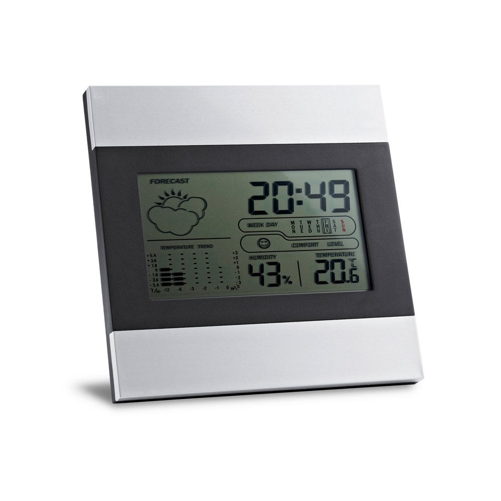 DENE. Tafelmodel weerstation met lcd-display, vervaardigd uit aluminium en ABS.