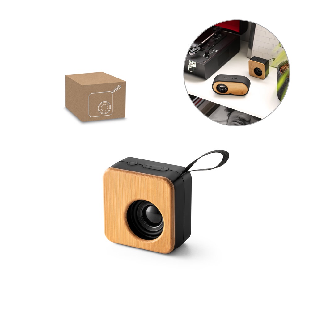 MAYER. Draagbare 3W-luidspreker met een batterijduur van 4 uur, gemaakt van bamboe en gerecycled ABS (100% rABS).