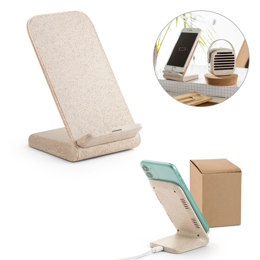 ENGLERT. Smartphonehouder met 10W snelle draadloze oplader, gemaakt van gerecycled ABS (70% rABS) en strovezels.