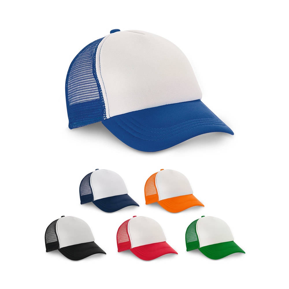NICOLA. Polyester and mesh hat (150 g/m²)