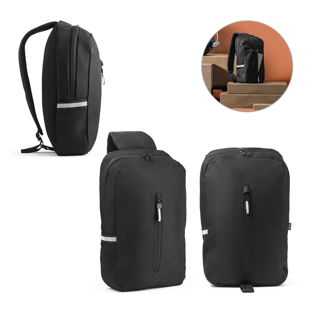 DELFOS. Rugzak met één schouderband, gemaakt van 300D gerecycled polyester en 600D gerecycled polyester, met een voering van 210D gerecycled polyester.