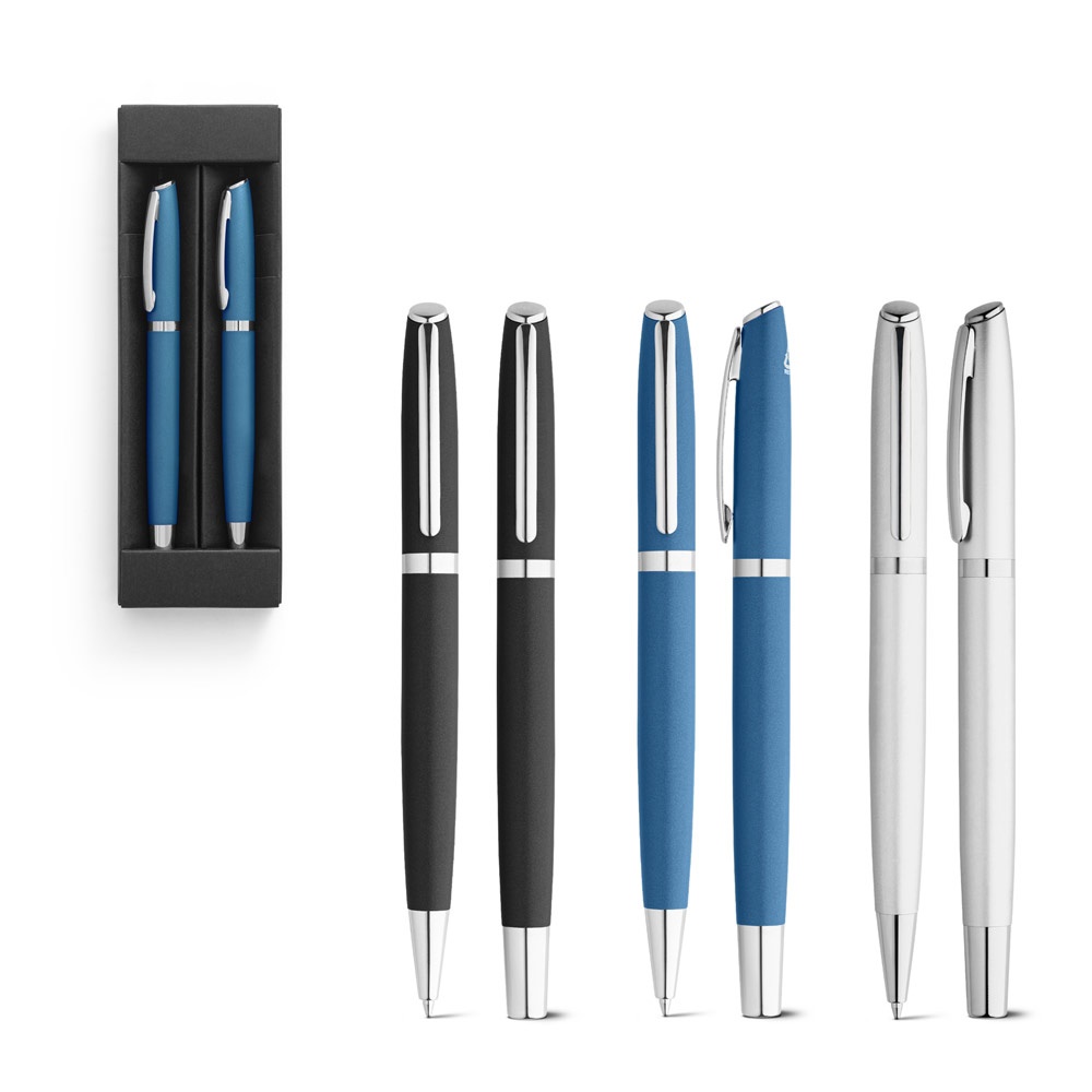 RE-LANDO-SET. Rollerball- en balpenset met behuizing van gerecycled aluminium (100% rAL).
