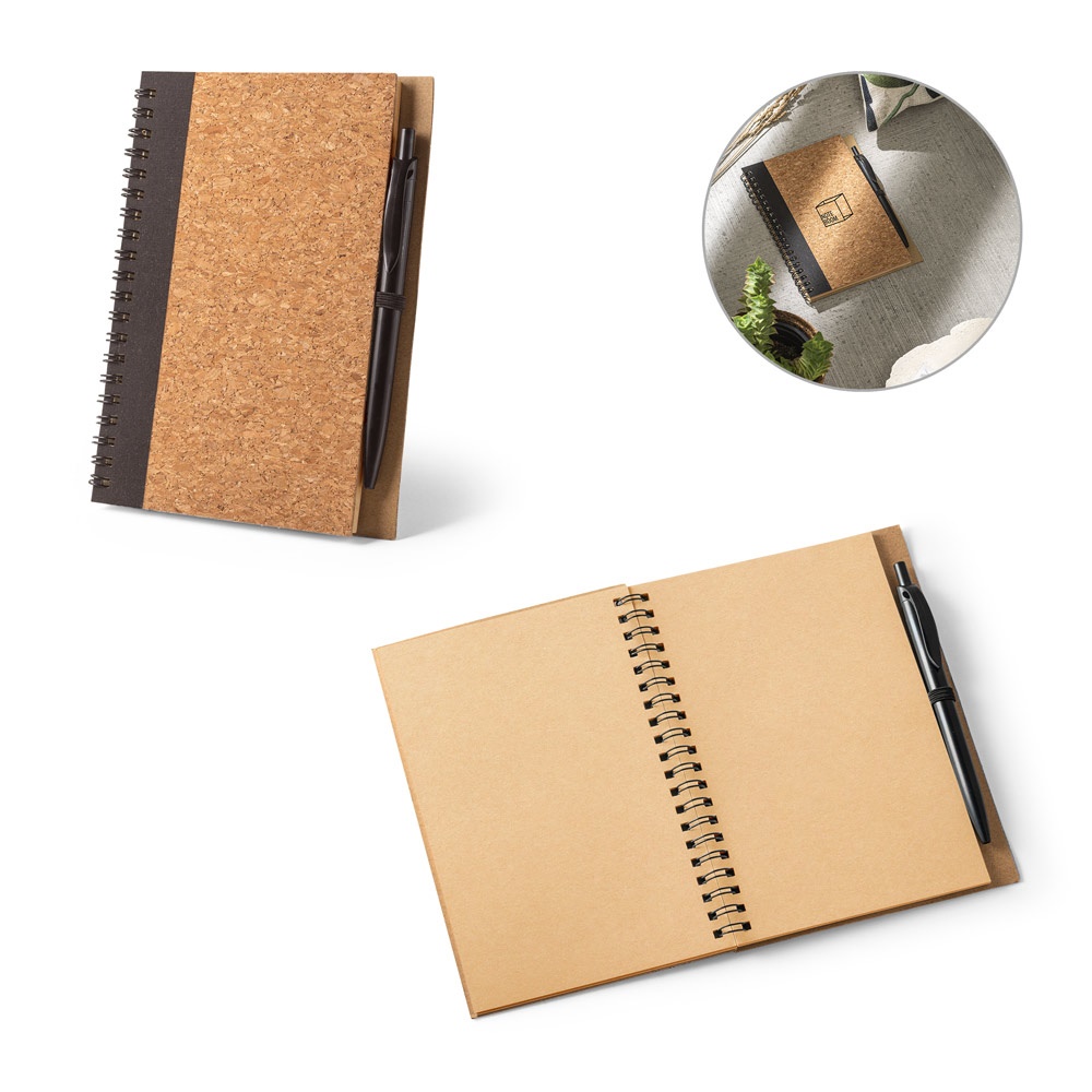 VICENTE. B6 notitieblok met balpen, gemaakt van kurk en gerecycled polyester (100% rPET).