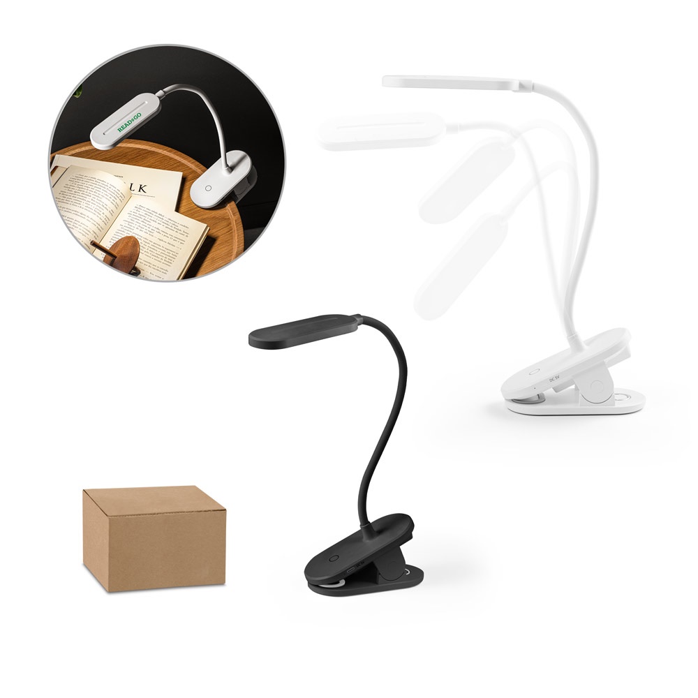 NESBIT II. Draagbare tafellamp met klembevestiging en een batterijduur van 30 uur bij 65% rABS.