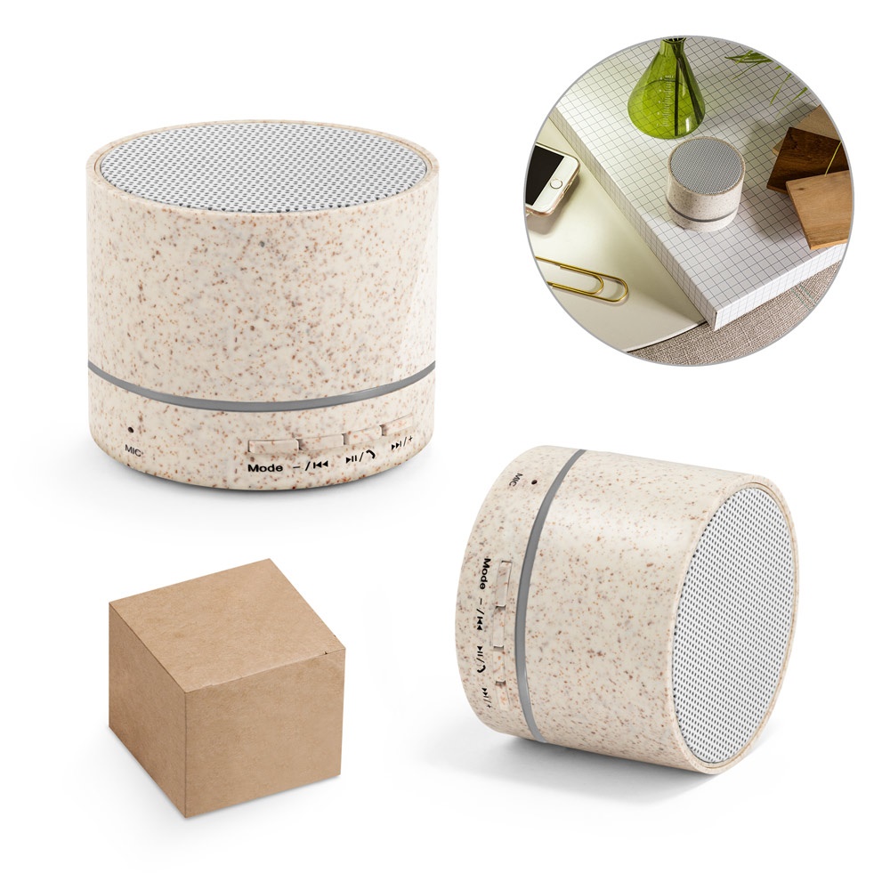 RE-LINEU. Draagbare 3W-luidspreker met een batterijduur van 4,5 uur, gemaakt van strovezels en gerecycled ABS (100% rABS).