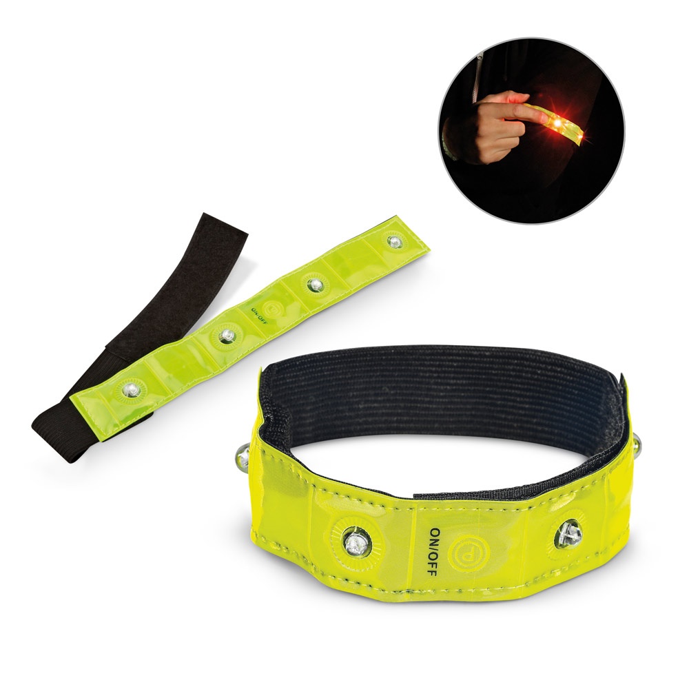 ZICHTBAAR. Reflecterende polsband met 4 rode LED's.