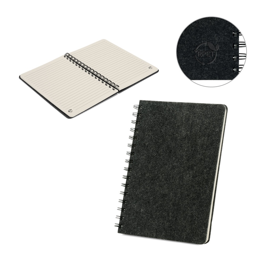 MISHIMA. A5 notitieboek met halfstijve kaft van gerecycled vilt (100% rPET), met spiraalbinding en gelinieerde pagina's.