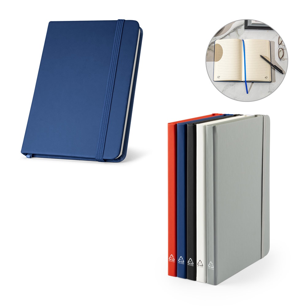 CAMPUS. A5 notitieboek met harde kaft van PU (35% gerecycled) en 100% gerecyclede gelinieerde pagina's.