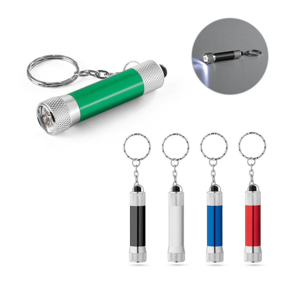 RE-LERGAN. Aluminum keychain (92% recycled) with 3-light LED flashlight.
