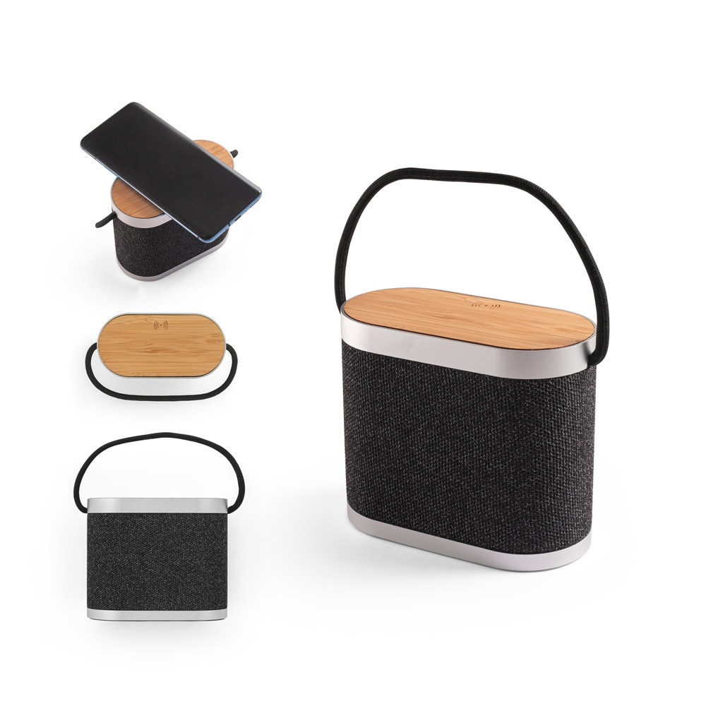 GUETTA. Draagbare 5W-luidspreker met 15W supersnel draadloos opladen en een batterijduur van 2 uur, gemaakt van bamboe en gerecycled PET (100% rPET).