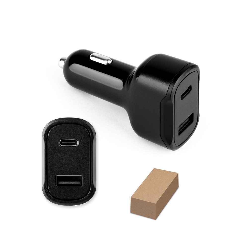 DIRAC. Sigarettenaanstekeradapter met 18W USB-A- en 20W USB-C-poorten, gemaakt van gerecycled ABS (100% rABS).