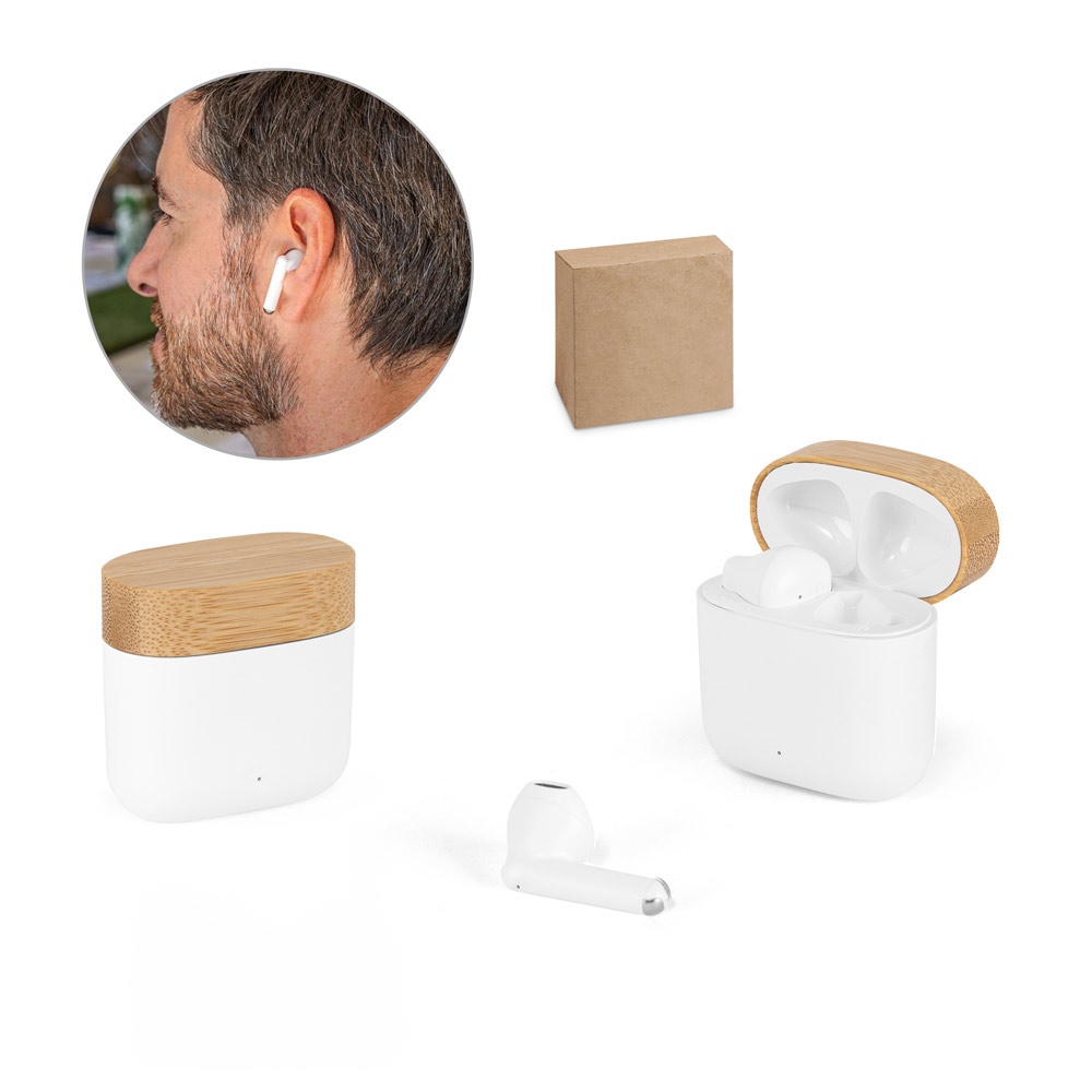 COBAIN. Draadloze oordopjes met een batterijduur van 5 uur, gemaakt van gerecycled ABS (100% rABS) en bamboe.