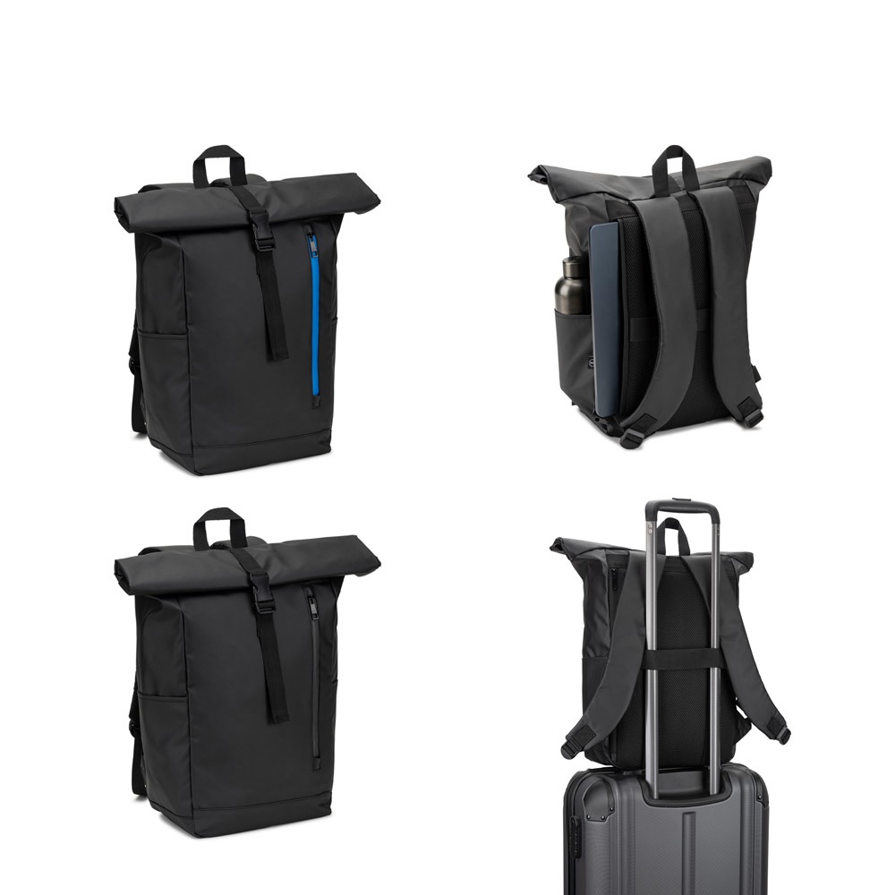OSASCO BPACK. Backpack with roll-top and zipper system that allows the top to be rolled up to fit the volume of the backpack, made of 600D recycled polyester.