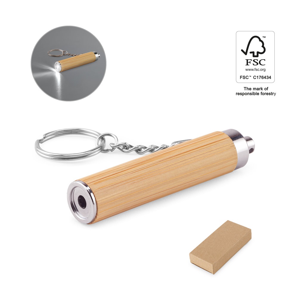 RACHEL. Bamboo and ABS keychain with LED flashlight.