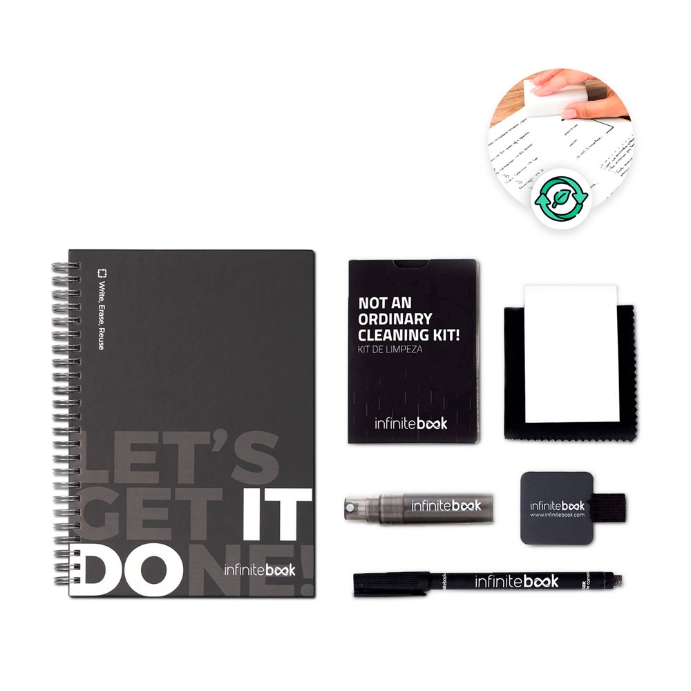 INFINITEBOOK STARTER KIT. Set consisting of a hardcover "Infinitebook," 1 cleaning kit, 1 marker, and 1 marker holder.
