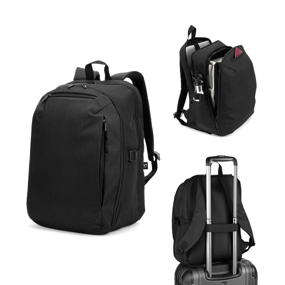 UDINE. 16" backpack with a fully openable compartment made from 300D high-density recycled polyester.