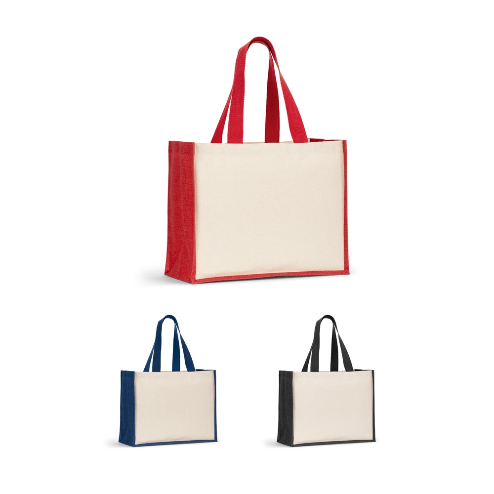 HELSINQUE KLEUR. Canvas tas (320 g/m²), met gekleurde gelamineerde jute bodem en zijkanten (350 g/m²).