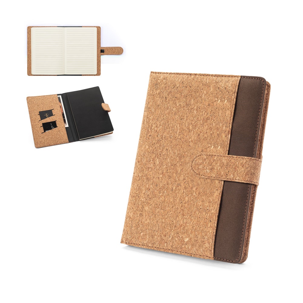FIELDING. A5 folder in cork and recycled polyester (100% rPET) with removable notepad.