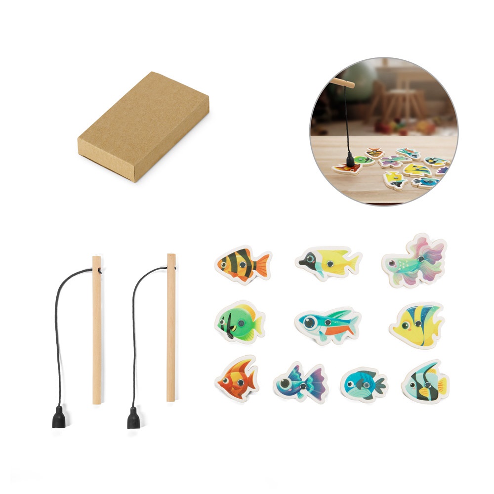 Visset. Visset bestaande uit 10 houten vissen, ideaal voor kinderen.