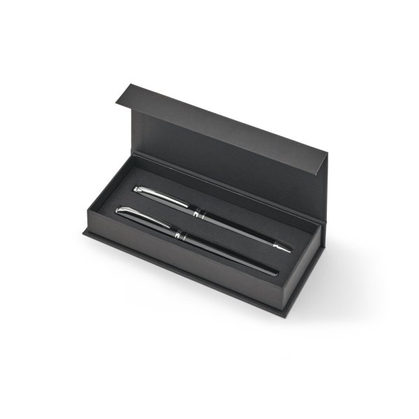 SARAMAGO. High-quality set consisting of a ballpoint pen and a rollerball pen in copper and stainless steel, with blue ink. - 103 - Black