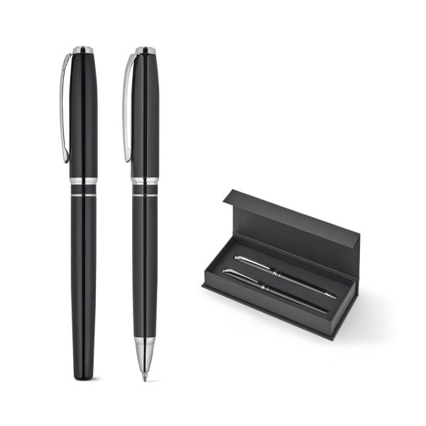 SARAMAGO. High-quality set consisting of a ballpoint pen and a rollerball pen in copper and stainless steel, with blue ink.