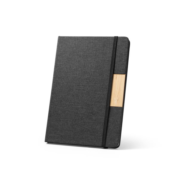 MÁRQUEZ. A5 notebook with hard cover made from 100% recycled PET fabric and lined pages made from recycled paper. - 103 - Black