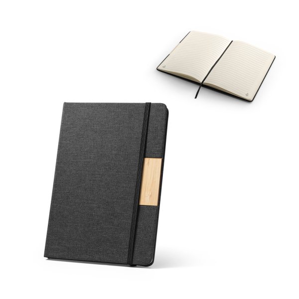 MÁRQUEZ. A5 notebook with hard cover made from 100% recycled PET fabric and lined pages made from recycled paper.