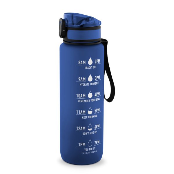 ERIKSSON. Waterfles van gerecycled PET (100% rPET), met motiverende teksten en tijdsaanduidingen om het drinken van water te stimuleren. - 104 - Blauw