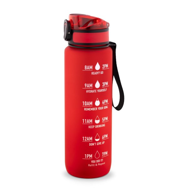 ERIKSSON. Waterfles van gerecycled PET (100% rPET), met motiverende teksten en tijdsaanduidingen om het drinken van water te stimuleren. - 105 - Rood