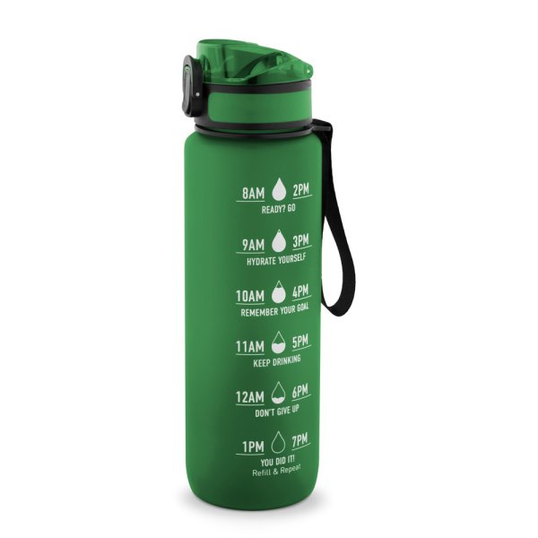 ERIKSSON. Waterfles van gerecycled PET (100% rPET), met motiverende teksten en tijdsaanduidingen om het drinken van water te stimuleren. - 109 - Groen