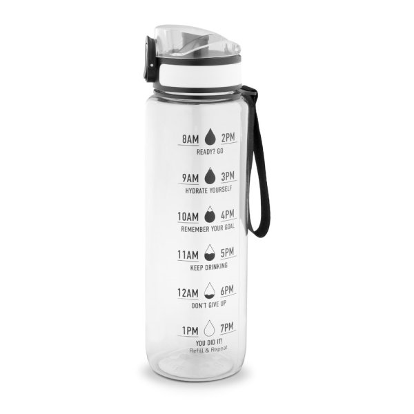 ERIKSSON. Waterfles van gerecycled PET (100% rPET), met motiverende teksten en tijdsaanduidingen om het drinken van water te stimuleren. - 110 - Transparant