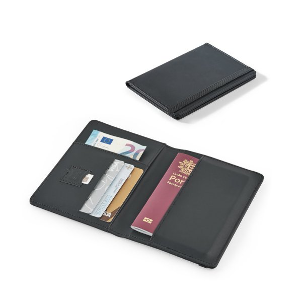 BRAM. PU passport holder with elastic closure and multiple pockets.