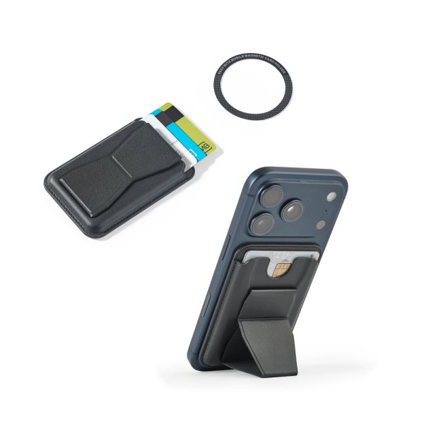 CONNOR. Magnetic card holder in faux leather, easily attaches to the back of your phone and offers RFID protection.