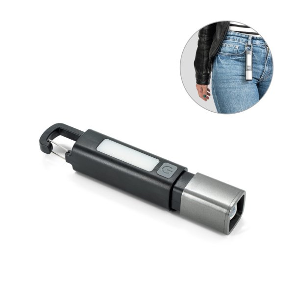 WIGGINS. ABS flashlight, with a 2W LED light (53 lumens) on the front and a COB light (53 lumens) on the top