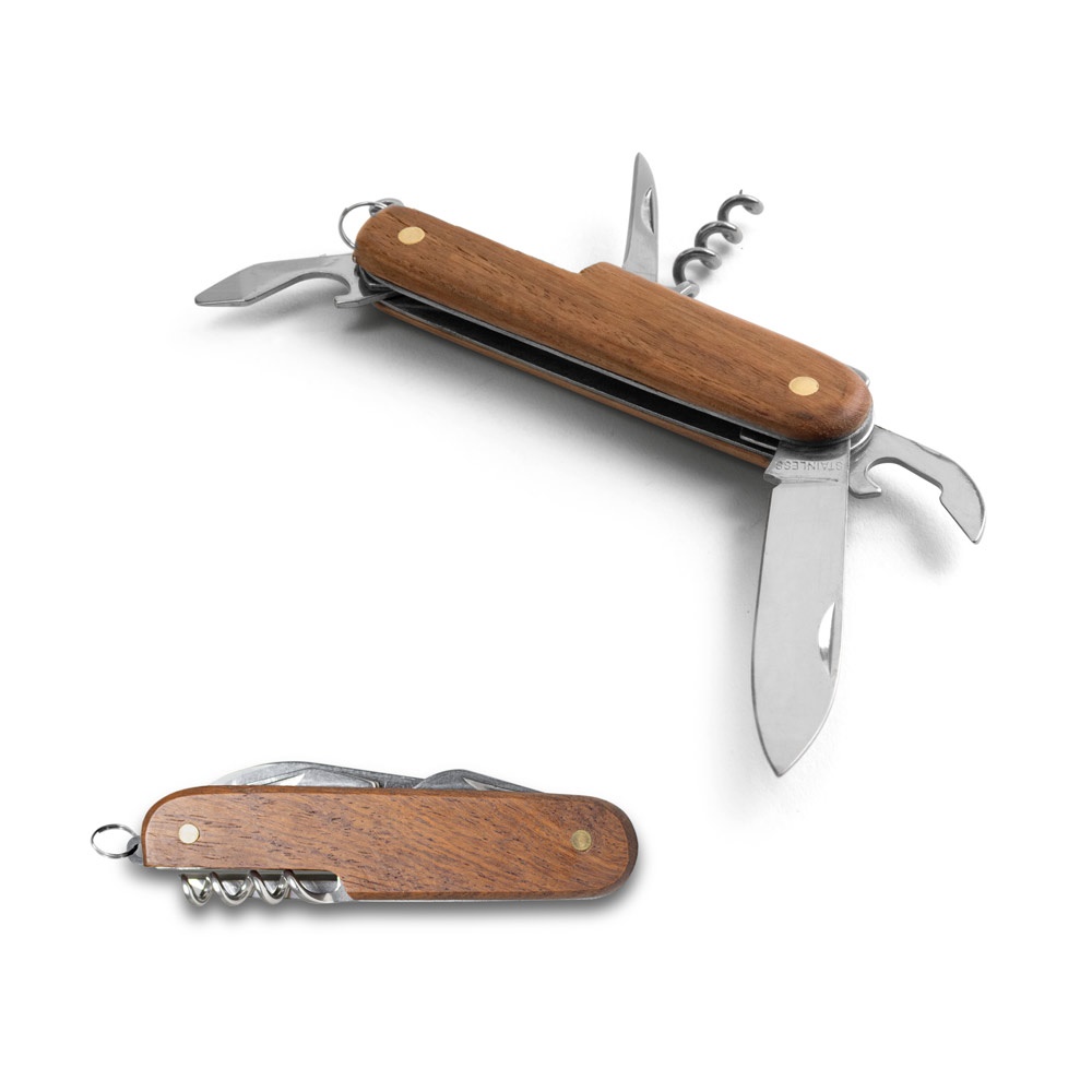 BELPIANO. Multifunctioneel zakmes van roestvrij staal en hout.