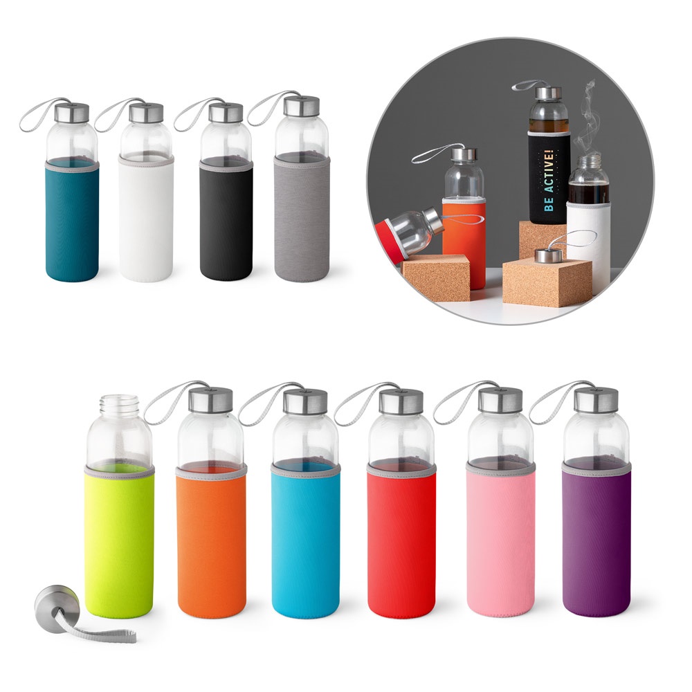 RAISE. Sportwaterfles van 520 ml van glas en roestvrij staal.