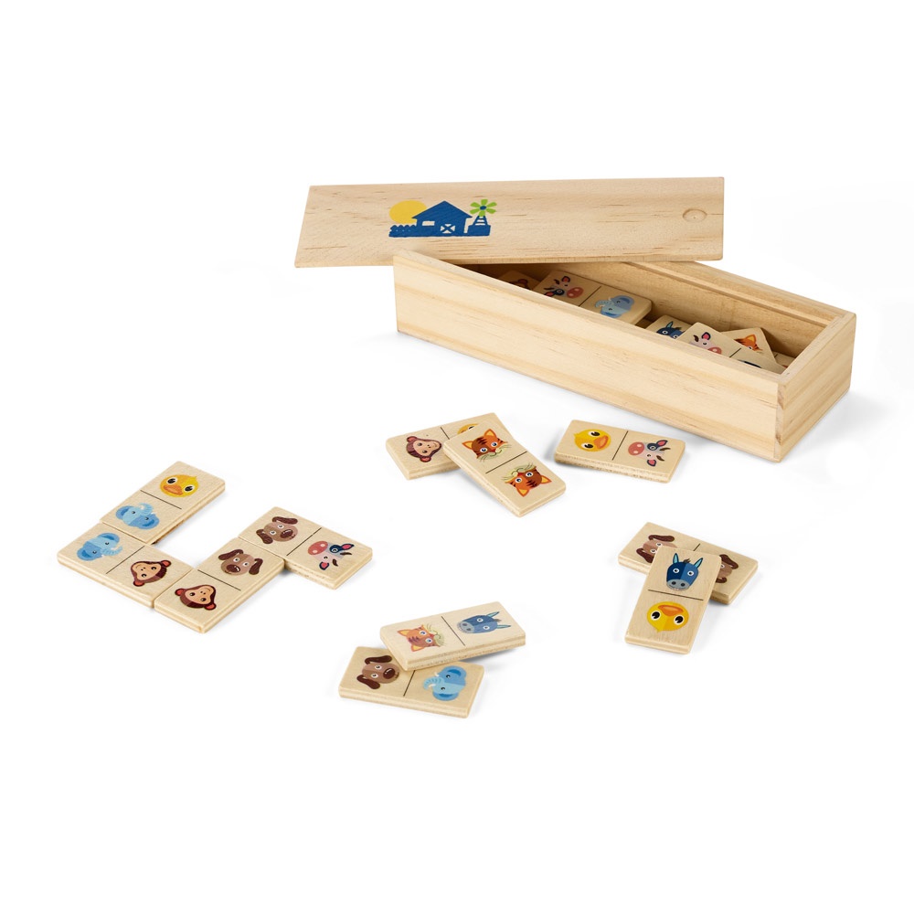 DOMIN. Houten dominospel voor kinderen. 28 stukken met dierenfiguurtjes.