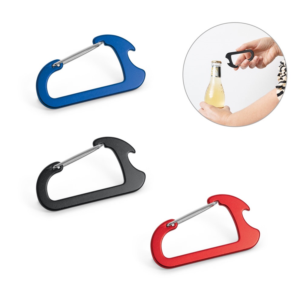 CLOSE. Aluminum carabiner with bottle opener.